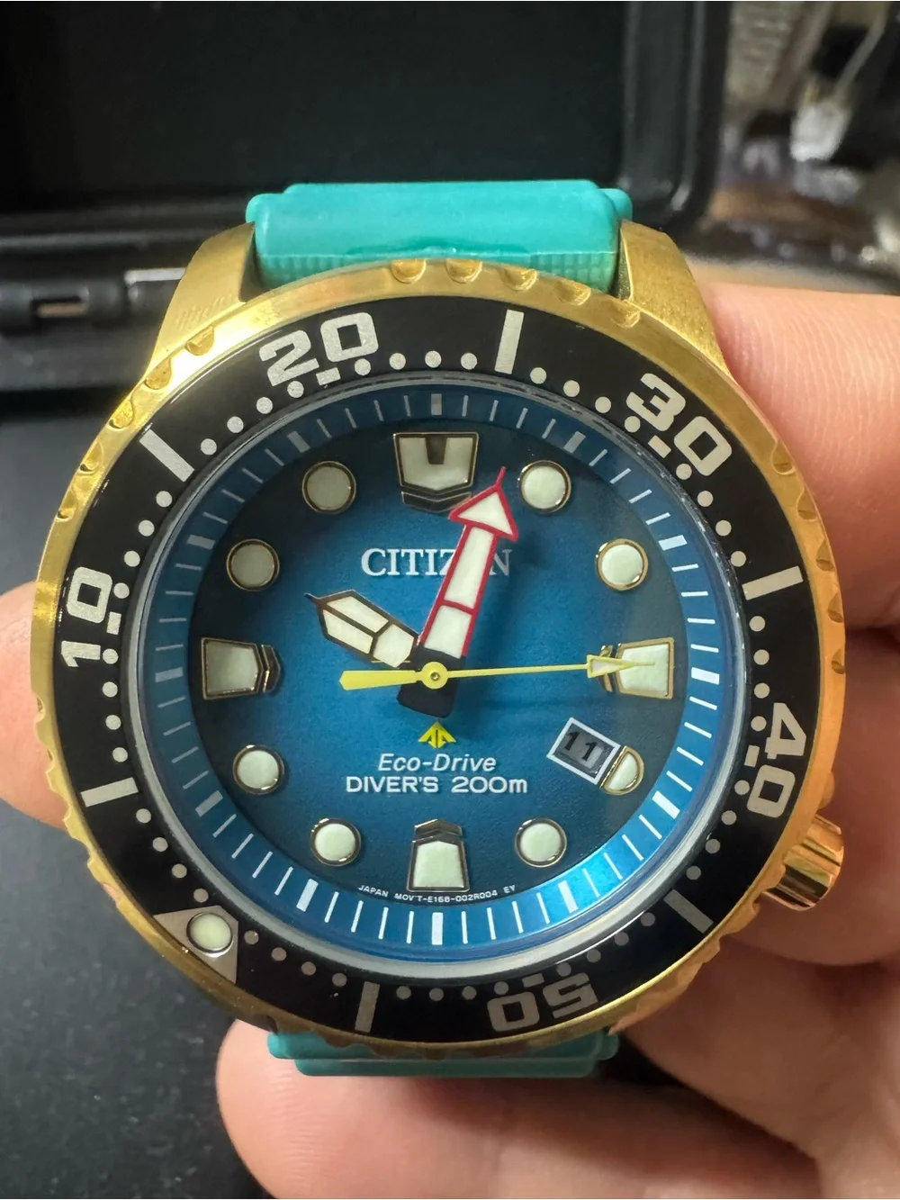 #190 Citizen Blue Dial Diver Watch with Gold-Tone Case and Teal Strap
